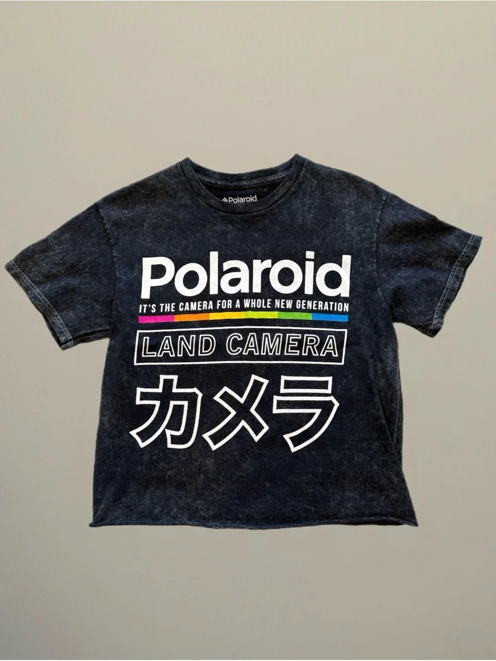Polaroid Charcoal Cropped Graphic Tee with White Logo